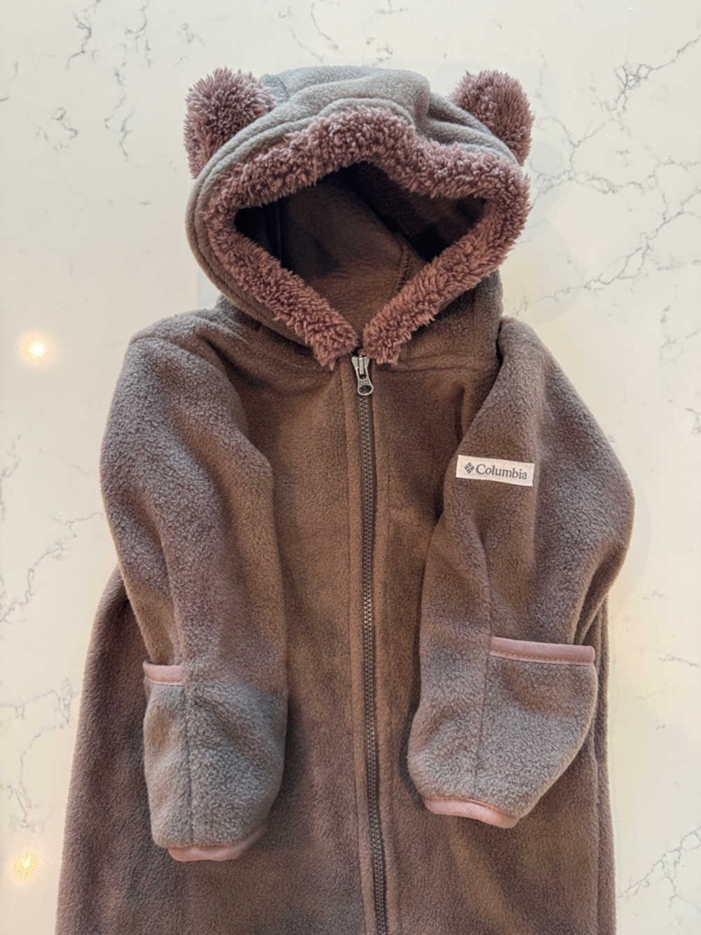 Columbia 6-12M VERY CLEAN Cozy Brown Teddy Fleece Hooded Jumpsuit